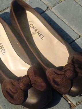 CHANEL INSPIRED Brown Ballet Wedge Heels with Fabric Bows
